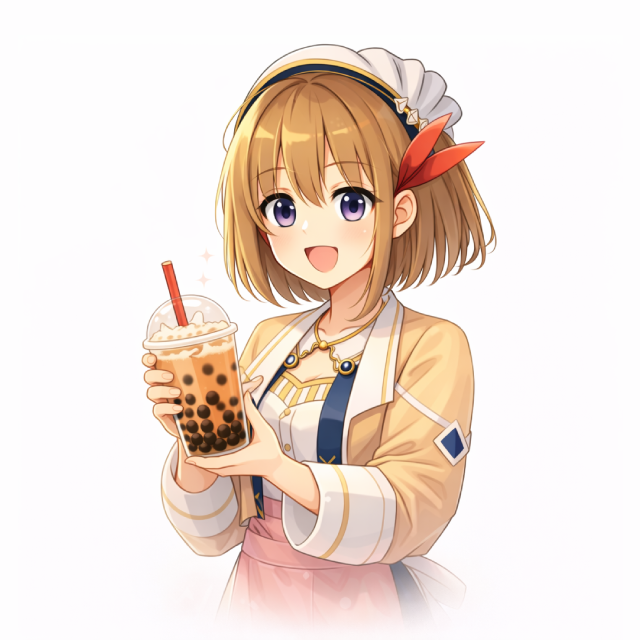 Girl character with costume headgears and boba tea